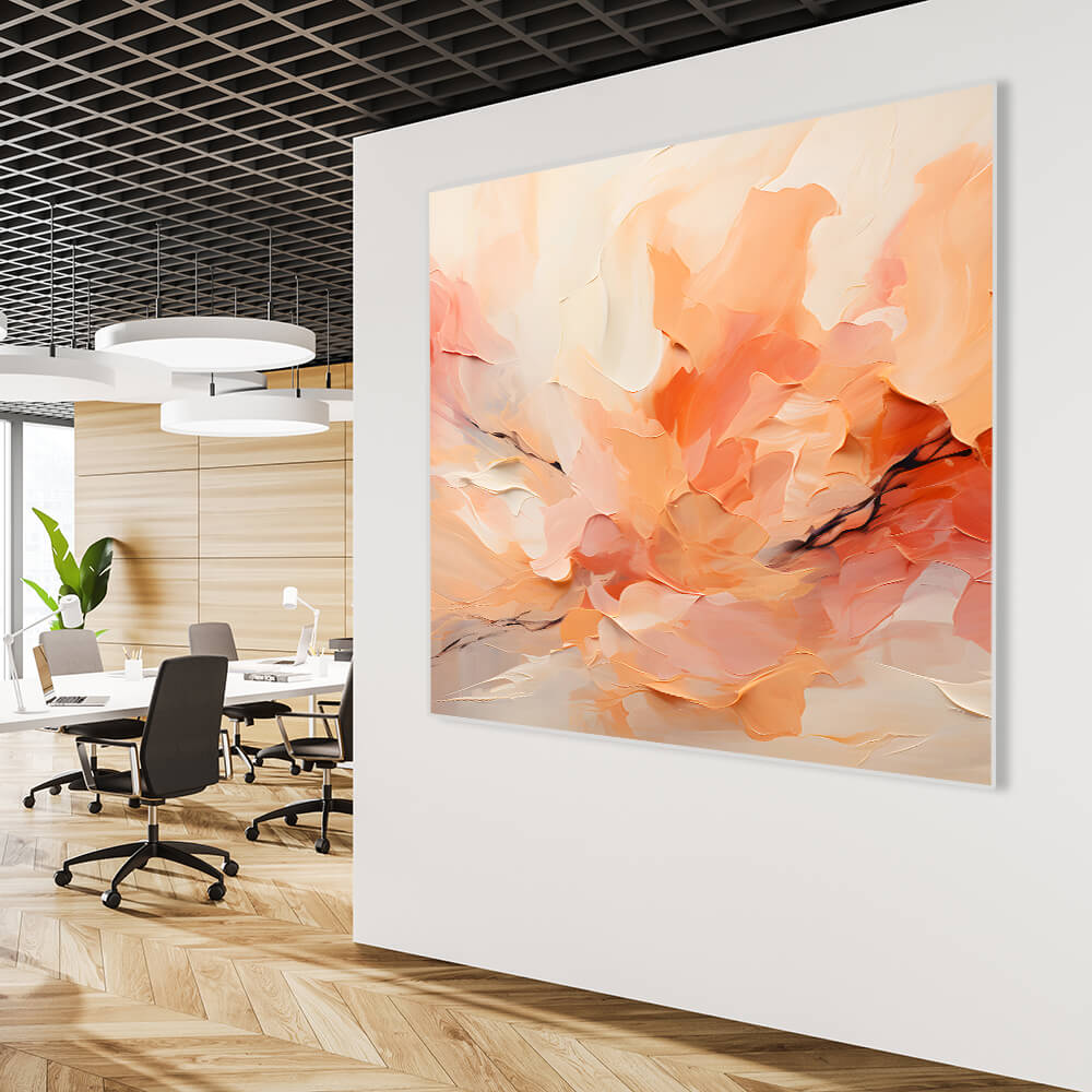 Akustikbild mit abstraktem Motiv der Trendfarbe Peach Fuzz. Akustikbild in einem Großraumbüro zur Reduzierung von Lärm