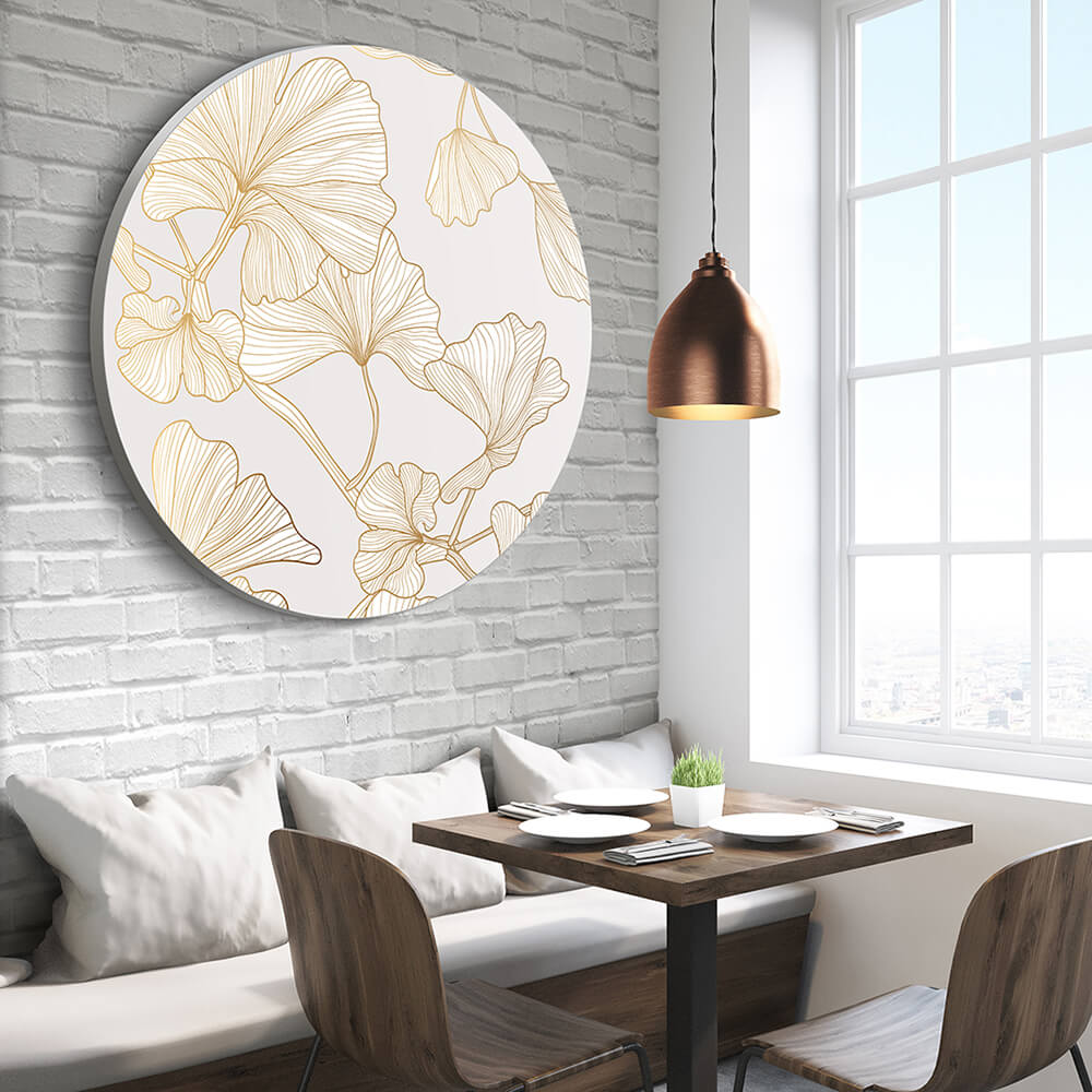 Rundes Akustikbild mit goldenen Blumen im Esszimmer an der Wand 