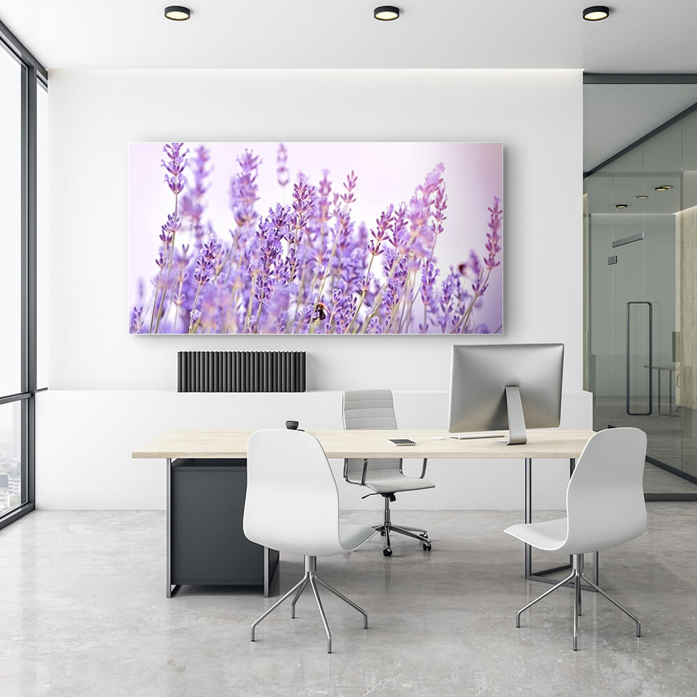 Rechteckiges Akustikbild von fliederfarbenen Lavendelblüten, in einem weißen Büro