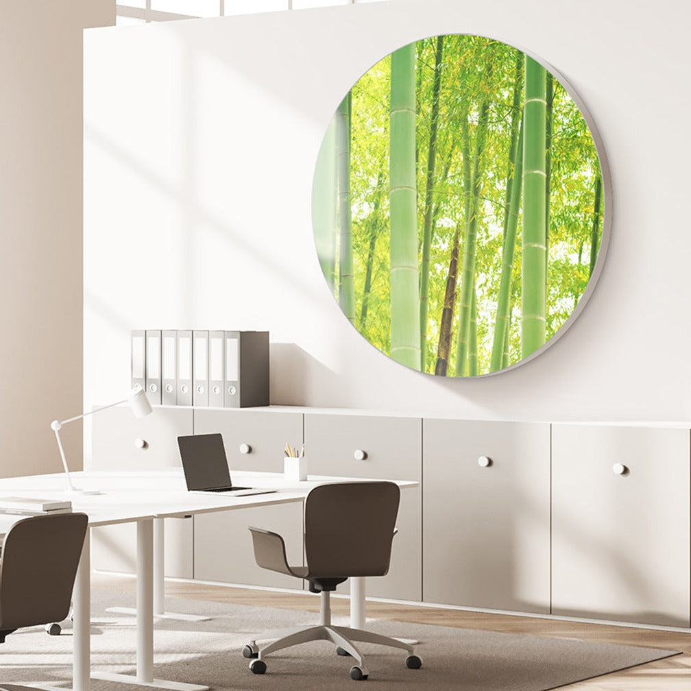 Akustikbild im runden Format im Büro hängend mit Bambus Motiv