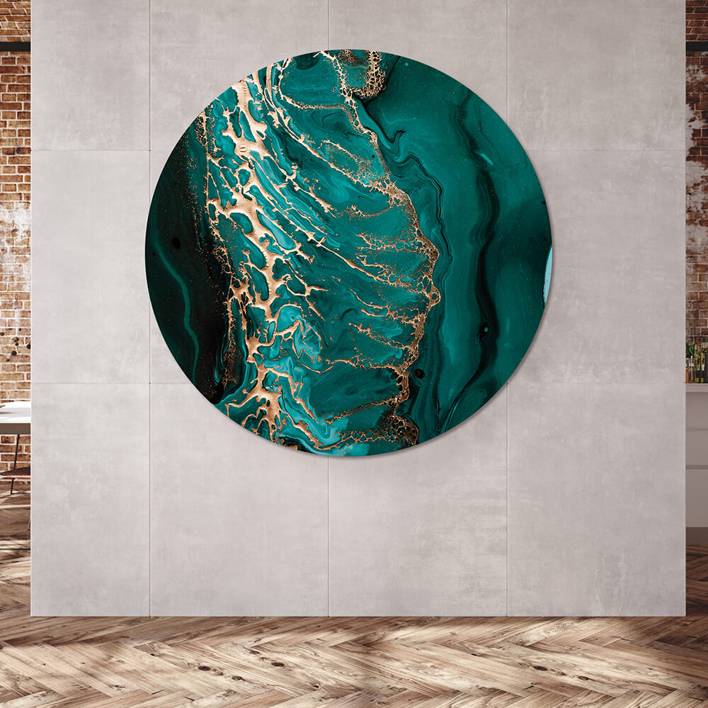 Rundes Akustikbild mit kunstvollem grünem Motiv auf grauem Hintergrund