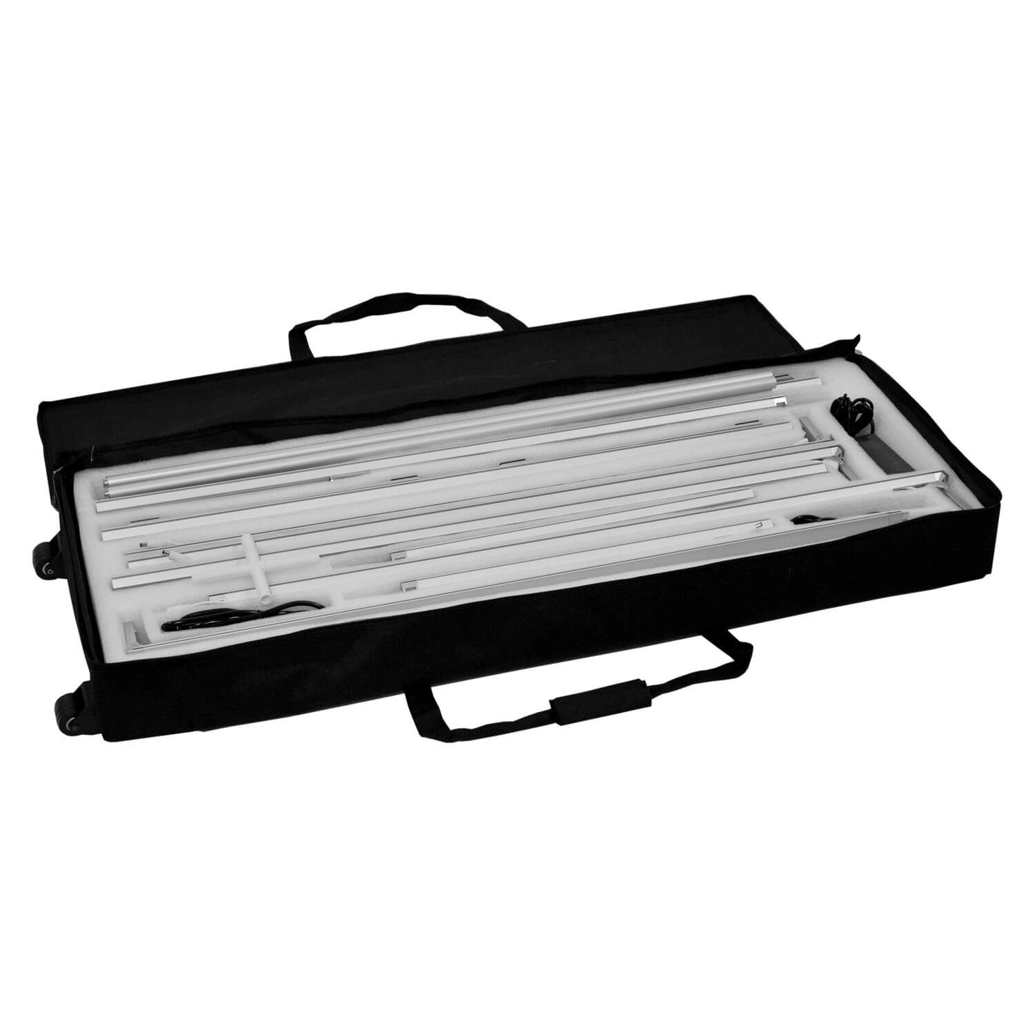 Transporttasche mit Rollen und Schaumstoffinlay für die mobile LED Messewand aus Aluminium