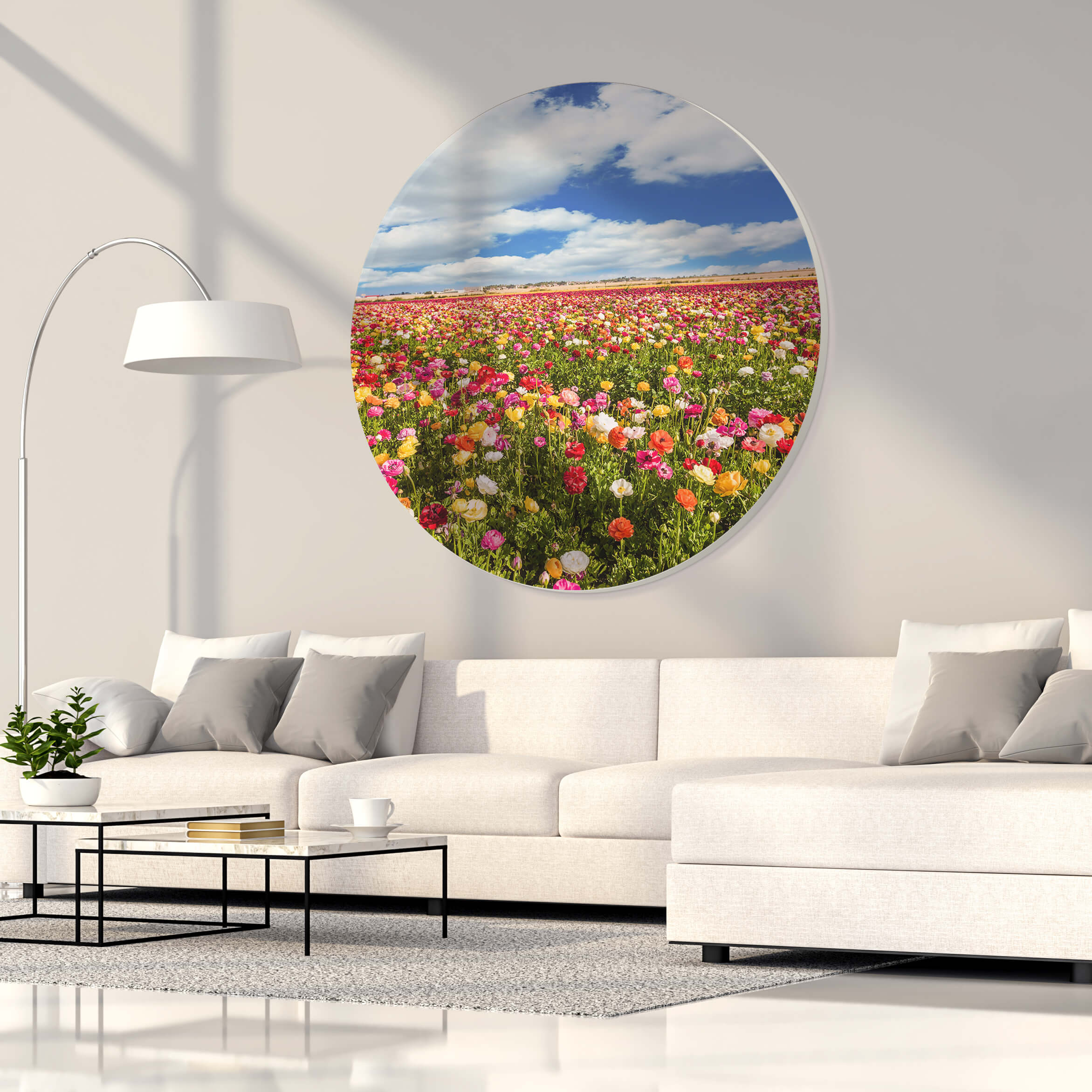 Rundes Akustikbild im Wohnzimmer mit Blumen Motiv