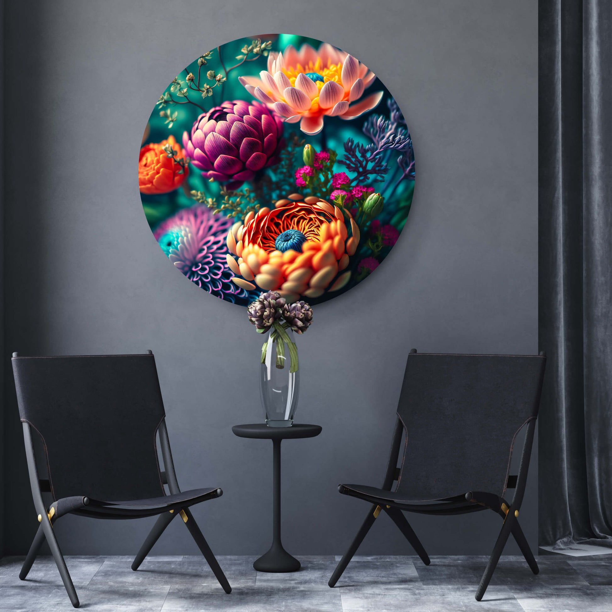 Akustikbild rund mit Gemälde von Blumen im Wohnzimmer 