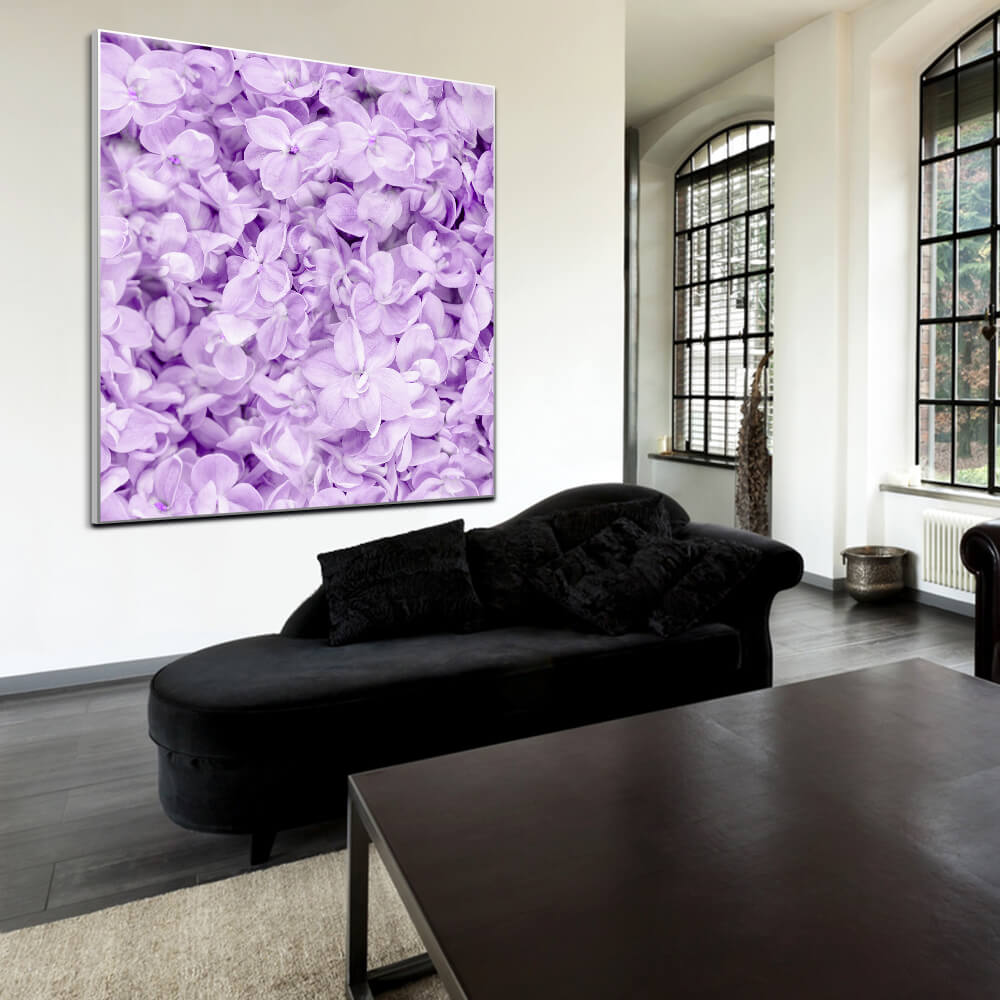 Quadratisches Akustikbild eines lilafarbenen Blütenmeers in einem Wohnzimmer 