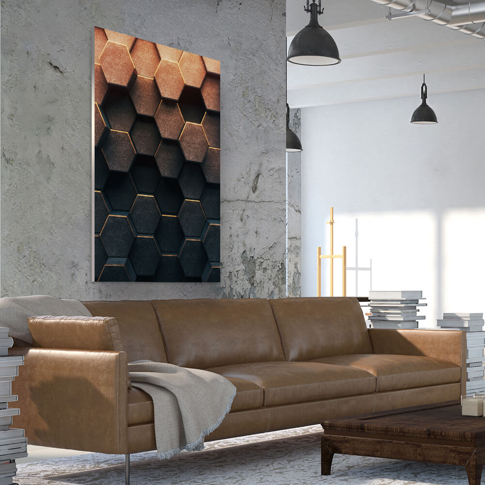 Rechteckiges Akustikbild mit braunem Wabenmotiv über einem braunem Sofa