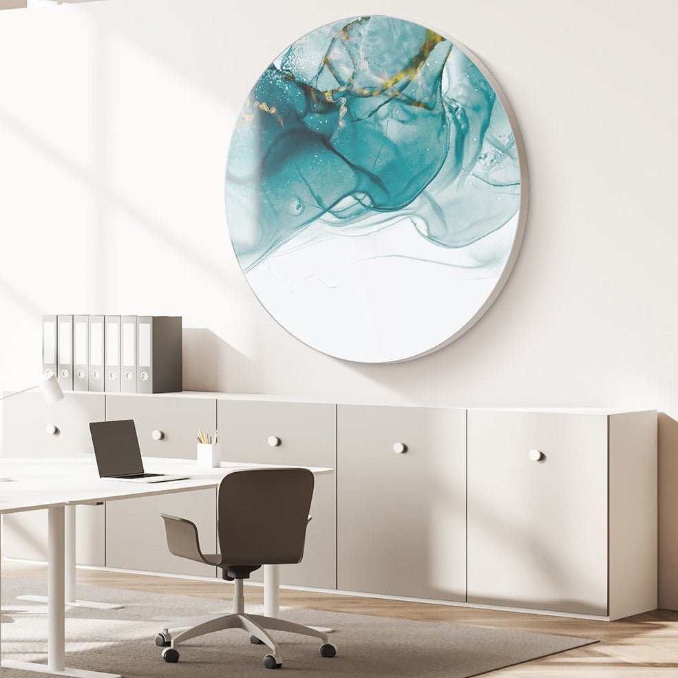 Rundes Akustikbild mit abstrakter Kunst im Büro Meetingraum