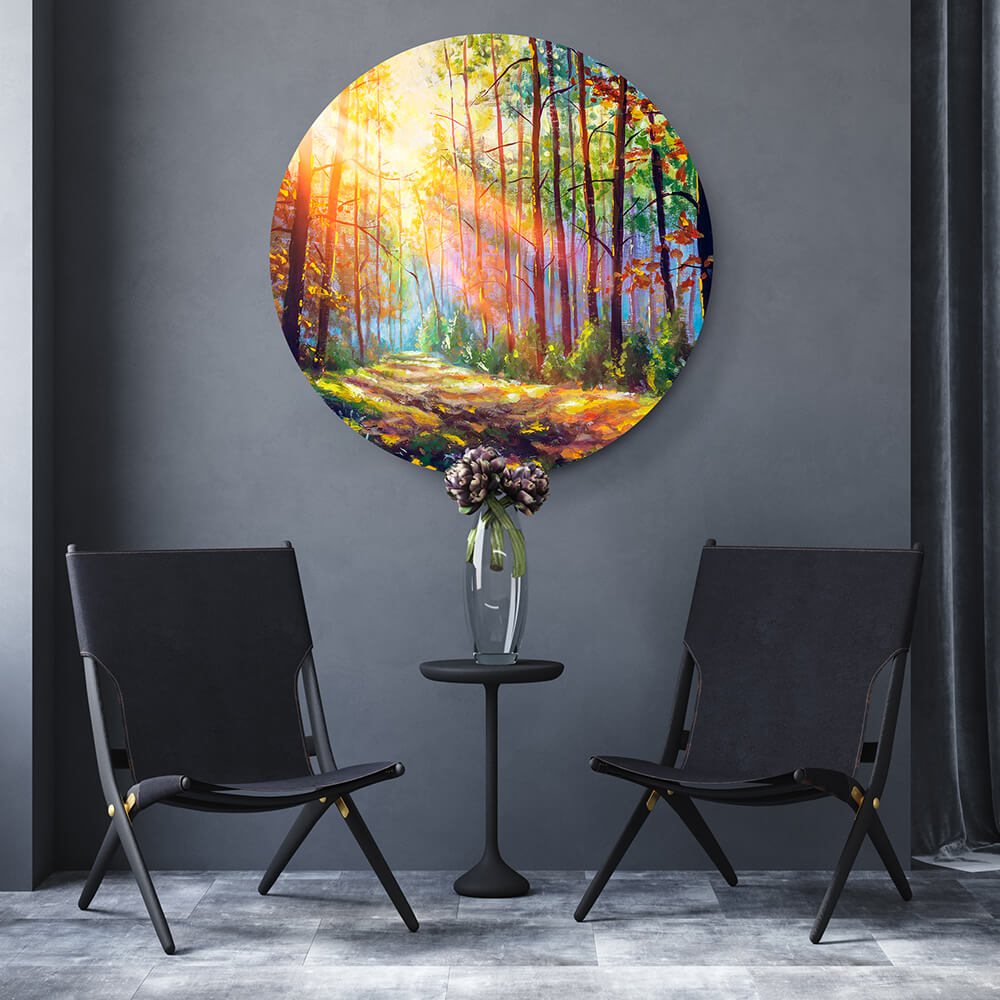 Rundes Akustikbild mit kunstvollem Wald Motiv im Herbst Look an der Wand hängend