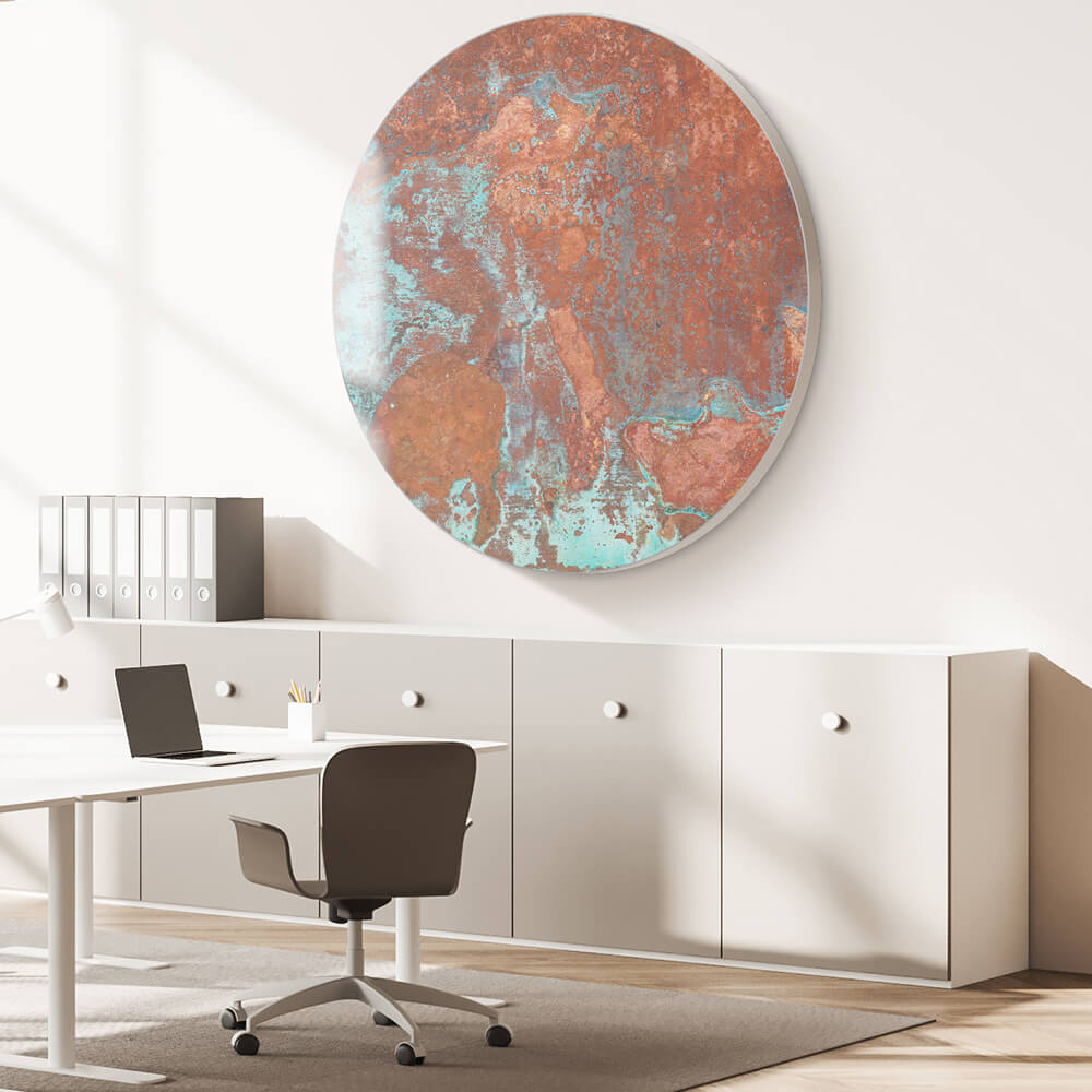 Rundes Akustikbild im Bronze Look im Büro zur Verbesserung der Raumakustik