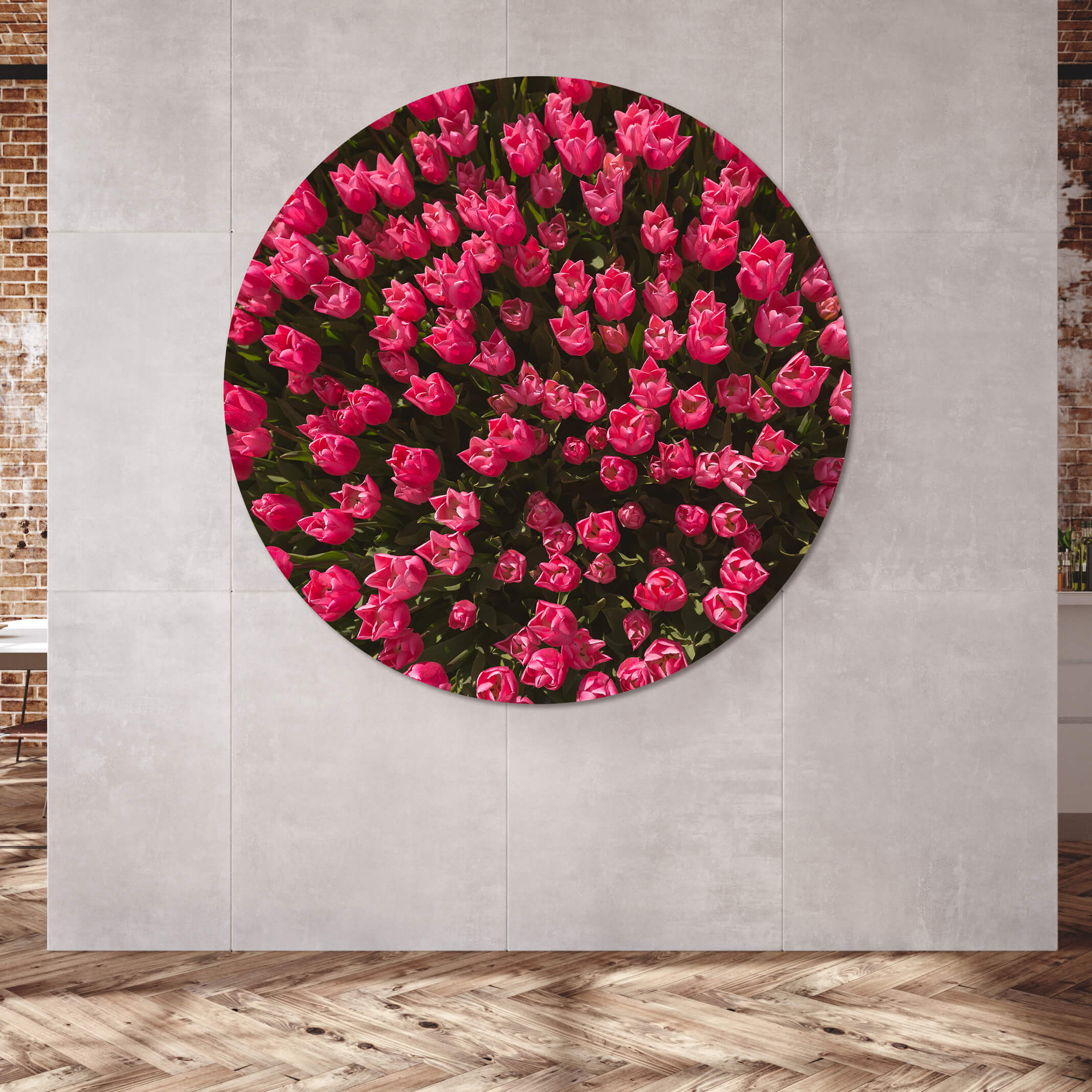 Rundes Akustikbild mit Tulpen Motiv auf grauem Hintergrund 