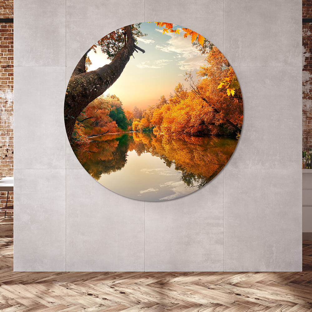 Rundes Akustikbild, das Motiv zeigt einen See im Herbst