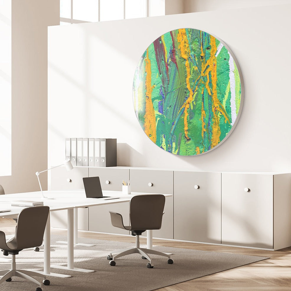 Rundes Akustikbild mit grün-gelber Abstrakter Kunst in einem Büro