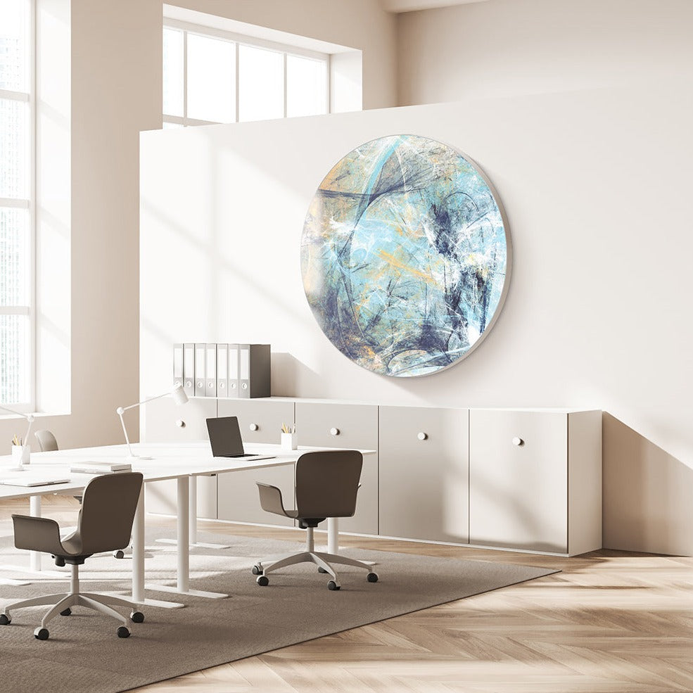 Rundes abstraktes Akustikbild in Blautönen über einem Sideboard im Büro