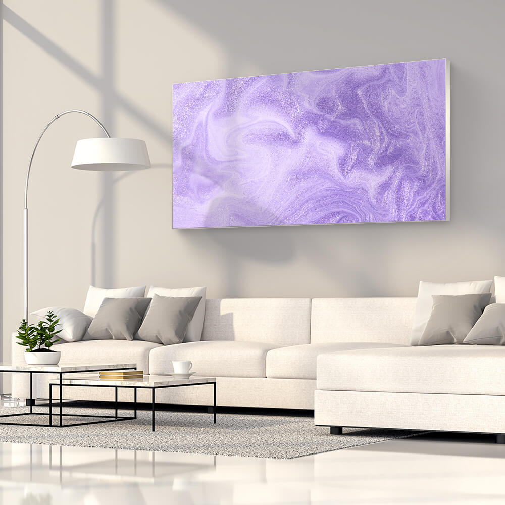 Rechteckiges Akustikbild mit violetter marmorierter Oberfläche mit Schimmer, über einem Sofa