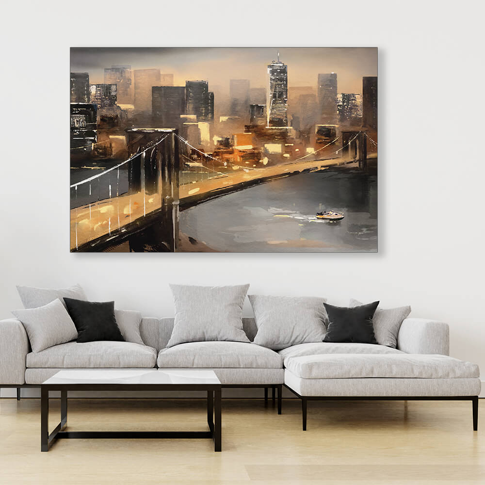 Rechteckiges Akustikbild eines Gemäldes der New Yorker Skyline in Goldtönen über einem Sofa