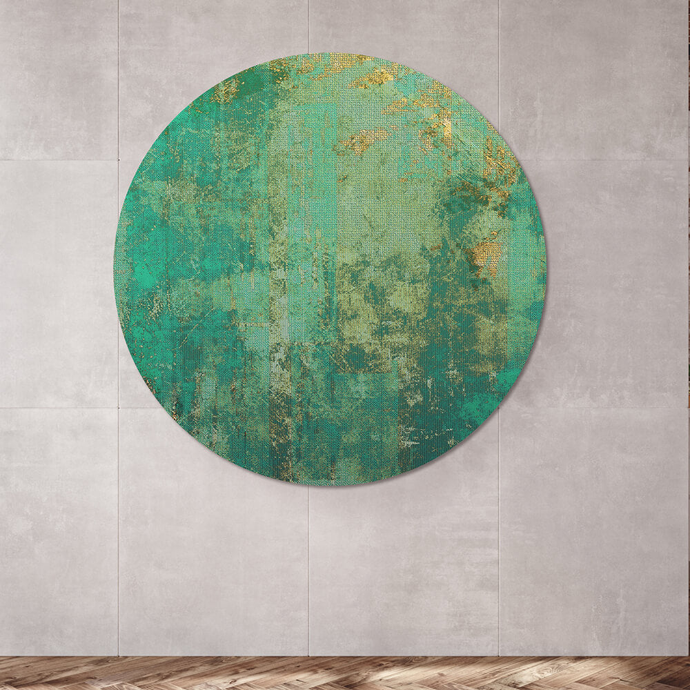 Grünes rundes Akustikbild auf grauer Wand für eine bessere Raumakustik