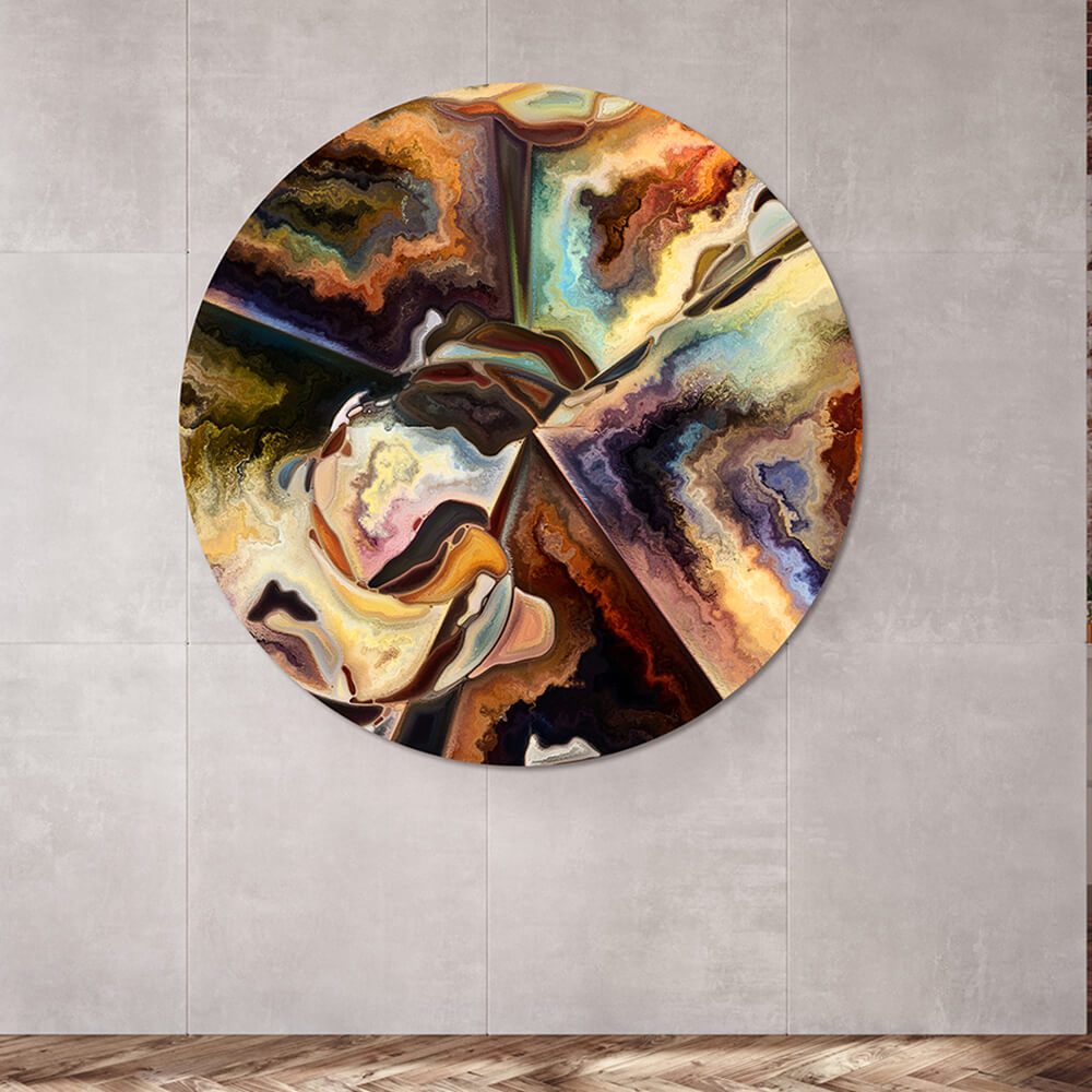 Abstraktes buntes Akustikbild im rundem Format an grauer Wand